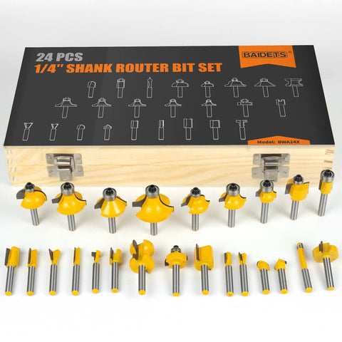 Badass Durability 24 Piece 1/4 Inch Shank Router Bits Set For Swift Precision Woodworking with yellow cutter designs.