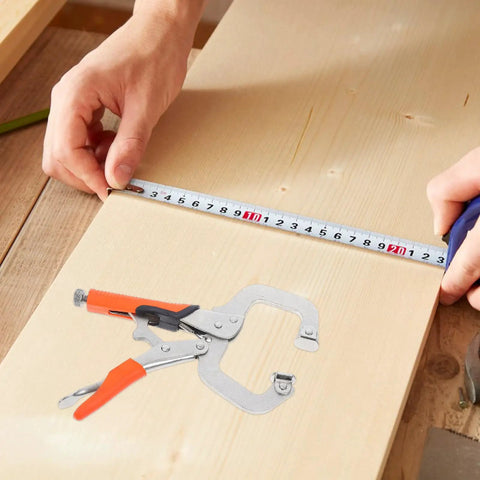 Heavy Duty Front Clamp C Clamp Pliers Made From High Carbon Steel For Woodworking And Welding Jobs with measuring tape on wood.