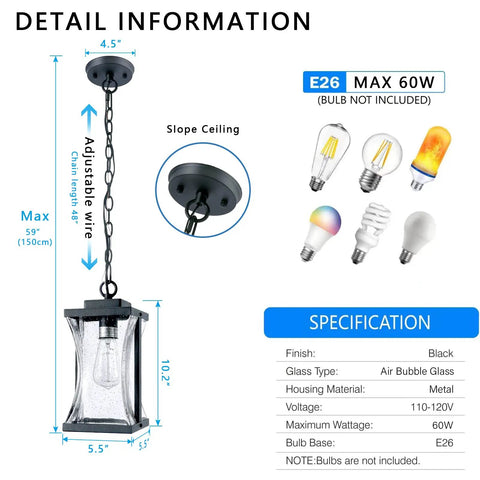Outdoor Pendant Light Fixture For Porch And Front Door With Adjustable Chain And Air Bubble Glass Matte Black Farmhouse Exterior Lighting For Patio Entryway Foyer Built To Last With Three Year Warranty showing detailed specifications and bulb compatibility.