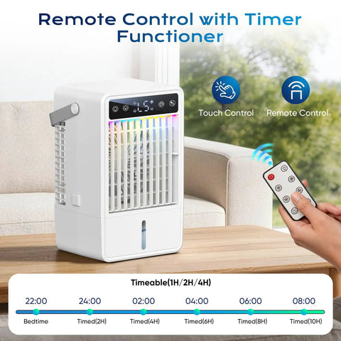 Portable 1500ml Tank Mini Evaporative Air Cooler With Remote And 2 To 10H Timer 5 Speeds Personal AC Fan on table in use