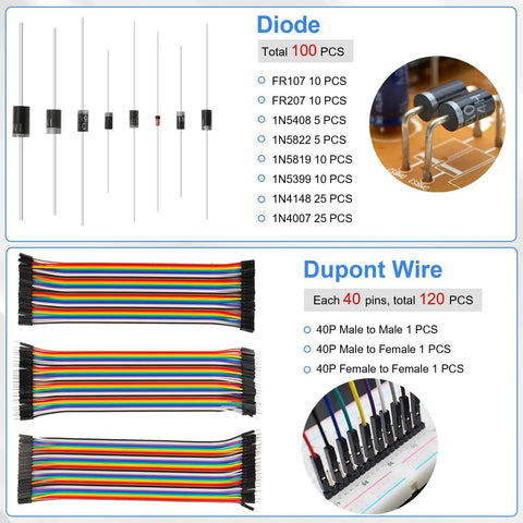 Mega 1628 Piece DIY Electronics Kit With LEDs Diodes Resistors Capacitors Transistors Dupont Wire PCBs And Breadboards For Hands On Prototyping And Learning: diodes and 40-pin Dupont wire sets