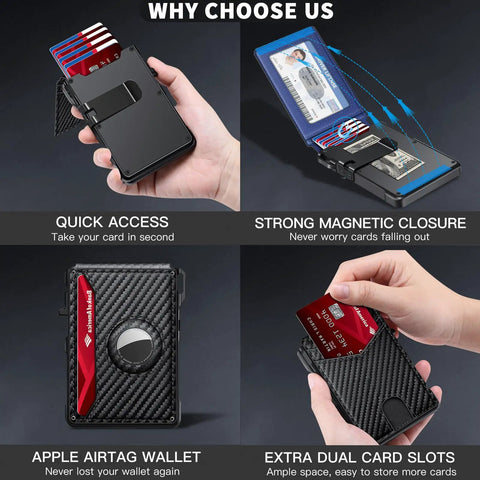 RFID Blocking Minimalist Bifold Wallet With Pop Up Aluminum Card Holder For 12 Plus Cards And ID Window For Men Carbon Blue Gift