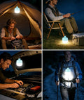 Collage of 20W LED Camping Lantern Rechargeable in use outdoors, highlighting 1200LM output and IP65 waterproof design.