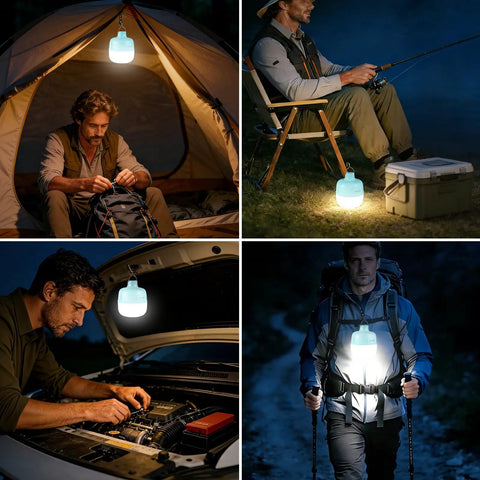 Collage of 20W LED Camping Lantern Rechargeable in use outdoors, highlighting 1200LM output and IP65 waterproof design.