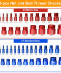 Nut and bolt thread checker set, 50 pcs total (23 metric red, 27 standard blue) with detachable bolt size finder for tight spaces