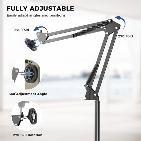 One Second Magnetic Bedside Phone Holder With Adjustable Arm showing 270-degree fold and 360-degree rotation features.