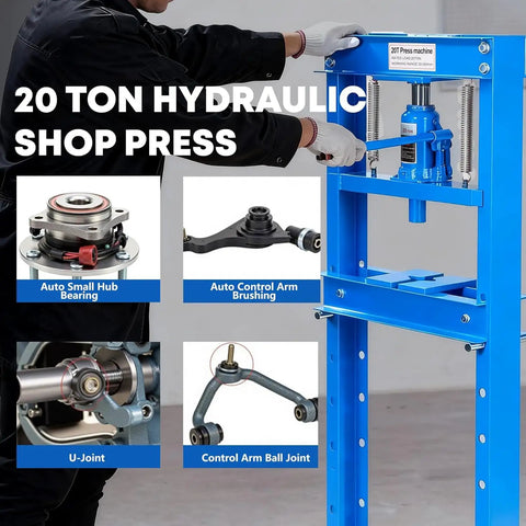 Beefy 20 Ton Hydraulic H Frame Shop Press With Adjustable Work Table And Press Plates, Heavy Duty Auto Repair Press in blue.