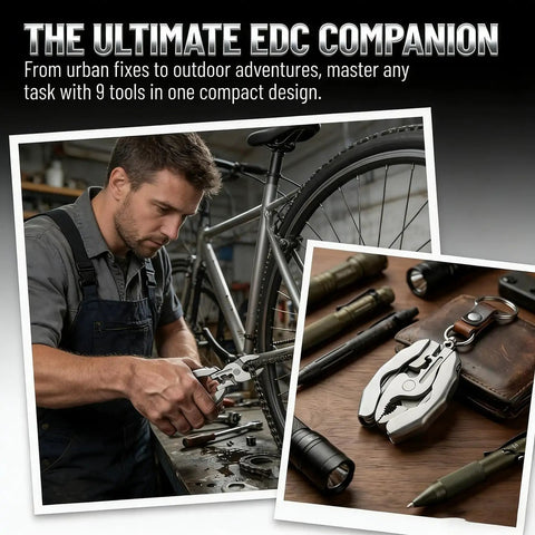 9 In 1 Keychain Multitool Pliers With Wire Cutter And Bottle Opener shown in use and displayed on table.
