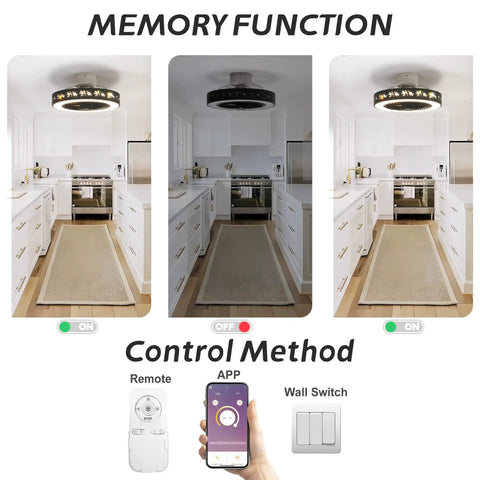 20 Inch Flush Mount Ceiling Fan With Lights And Remote App Control, Enclosed Black Ceiling Fan in kitchen view with controls.