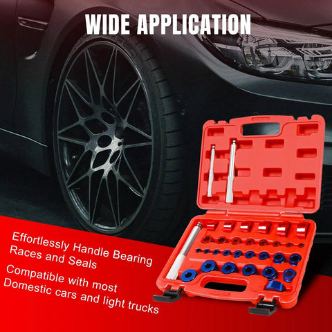 Pro Grade Bearing Race And Seal Driver Kit 33Pc With SAE And Metric Adapters in red case beside car wheel