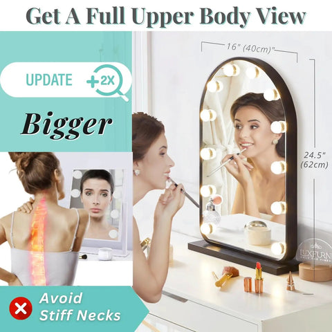 Woman using Hollywood Style Vanity Mirror With Lights 12 LED Makeup Mirror Smart Touch Control Dimmable 3 Color Modes 90 Degree Rotatable White Frame Ideal For Flawless Skin Prep And Day To Night Glam.