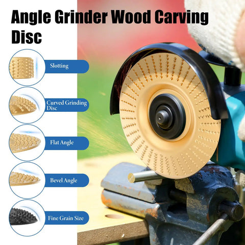 Angle grinder with Wood Carving Disc Set for Angle Grinders, 14-Piece Kit with Rotary Burrs and Shaping Discs in use