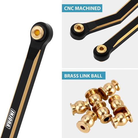 Brass High Clearance Four Link Set For SCX24 Gladiator Power Wagon Heavy Brass Links For Durability Lowers Center Of Gravity To Boost Stability Moves Links Away From Driveshaft To Prevent Rubbing Reduces Axle Wrap And Unwanted Steering For Smoother. CNC-machined brass 4-link rods and link balls for SCX24 crawler suspension