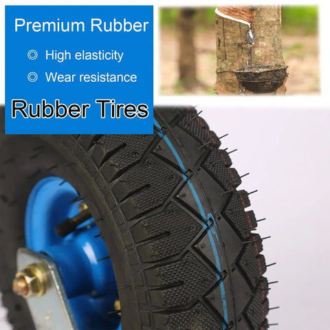 Heavy Duty Rubber Swivel Caster Wheels 8 Inch And 10 Inch Pack showing close-up of rubber tire texture and blue hub.