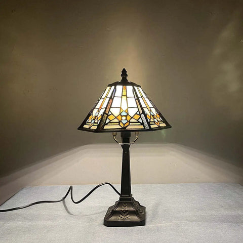 Mission Style Table Lamp With Tiffany Stained Glass Night Light Hexagonal Cone Lampshade 10 Inch Wide By 16 Inch Tall LED Bulb Included