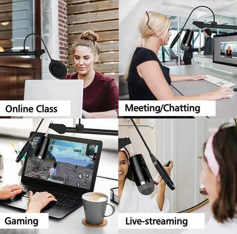 Heavy Duty Microphone Stand With Adjustable Quad Boom Arm Studio Mic Boom Windscreen Double Layer Pop Filter Shock Mount And Rugged Arm For Broadcasting And Home Studio Recording in online class, meeting, gaming, and live-streaming settings.