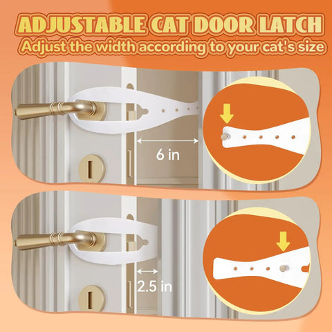 Adjustable Cat Door Latch showcasing 6 in and 2.5 in settings, with white rubber strap used for access control.