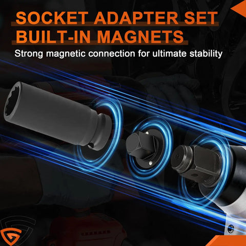 Low Profile Impact Socket Adapter Set for Tight Spaces Four Piece Drive Converter Kit with built-in magnets illustration
