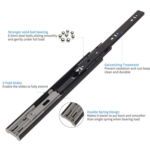10 Inch Soft Close Full Extension Drawer Slides With Side Mount Heavy Duty Steel Ball Bearing Runners Quiet Smooth Operation 100 Lb Load Capacity Dual Spring Design And Triple Ball Bearings 2 Pair Pack displaying features such as solid ball bearings and double spring design.