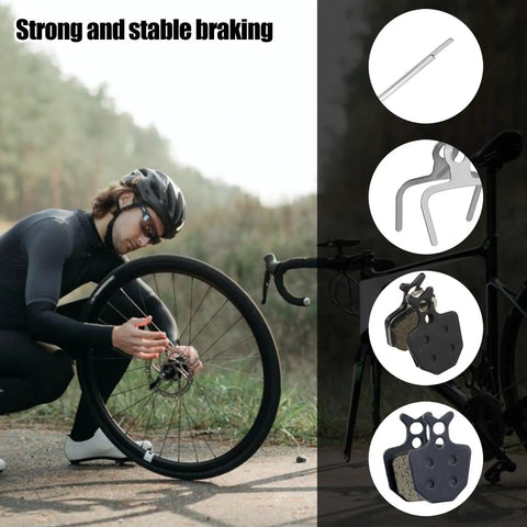 Cyclist installing Four Pairs Bike Brake Pads Kit With Pins And Springs For Mountain Bikes, image showing components and bike.