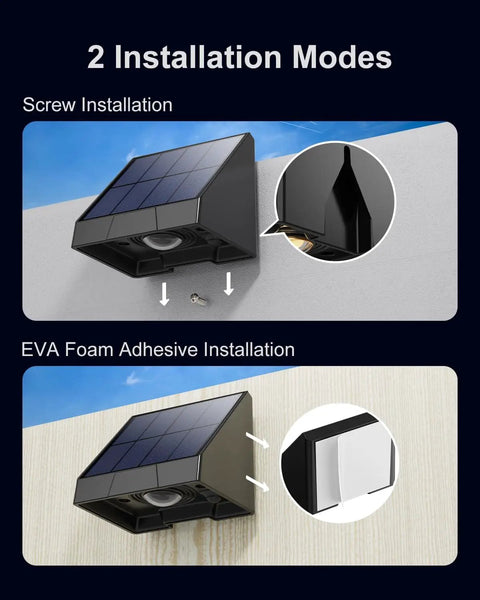 8 Pack Solar Fence Lights With Warm White LED Spot Lens installed on wall, showcasing screw and EVA foam adhesive methods.
