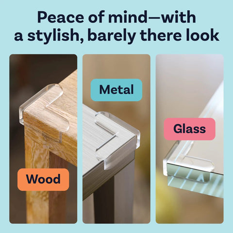 Clear Corner Protector Guards For Furniture Edges Baby Proof Bumpers And Cushions To Cover Sharp Table And Cabinet Edges PVC Durable 12 Pack With Easy Peel And Stick Adhesive For Quick Install shown on wood, metal, and glass surfaces.