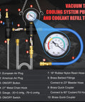 Radiator Coolant Pressure Tester Kit With Vacuum Refill Tool And 28 Piece Adapters For Cars And Trucks Pro Grade Automotive Cooling System Leak Test And Pneumatic Purge Fill Set With Universal Testing Caps featuring hoses, gauges, and connectors, shown with labeled components and instructions for automotive use.