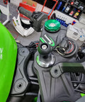 Moto Mount Ninja 12mm Hex Fork Stem Base With 1 Inch TPU Ball Adapter installed on Kawasaki motorcycle handlebar