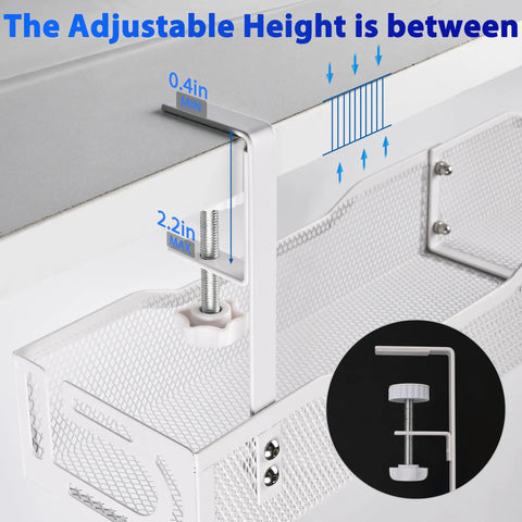 Massive 25 Point 3 Inch Under Desk Cable Management Box Clamp Mounted Cord Organizer Tray showing adjustable height mechanism