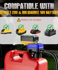 Cordless Electric Fuel Transfer Pump Battery Powered Gas Can Dispenser Featuring Auto Stop Overflow Guard showing battery compatibility.