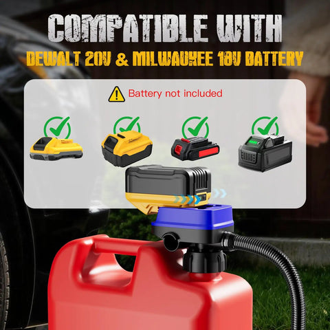 Cordless Electric Fuel Transfer Pump Battery Powered Gas Can Dispenser Featuring Auto Stop Overflow Guard showing battery compatibility.