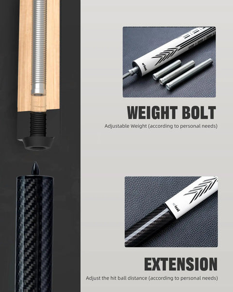 Top Shelf 58 Inch Carbon Fiber Pool Cue Stick Set Offering Dead Nuts Low Deflection Pro Taper Shaft And Slick Wrapless Grip With Extension Kit Weight bolts for adjustable play.