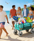 People enjoy the beach with a 260L Beach Wagon With Extended Tailgate Heavy Duty Beach Cart 440Lbs Capacity 9 Inch Balloon Wheels For Sand.