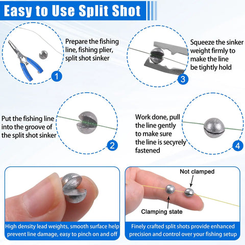 Instructional image for All In One Beginner Fishing Tackle Kit With 215 Pieces In An Organized Tackle Box, demonstrating split shot use.