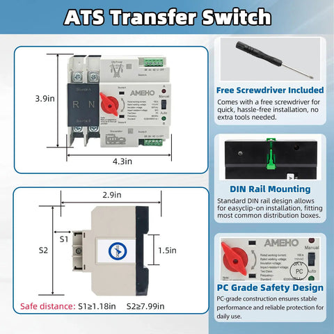 Straight Up 100 Amp Automatic Transfer Switch Flips Smooth As Silk Between Main And Backup Power For Homes Rvs And Emergency Setups No Sweat Operation Rock Solid Gear dimensions and key features displayed.