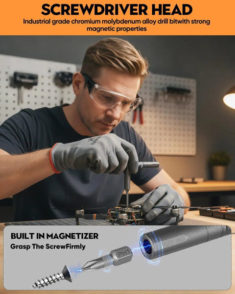 Man using 42 In 1 Magnetic Screwdriver Kit With Ratchet T Handle And Full Multi Bit Set for electronic repair in workshop