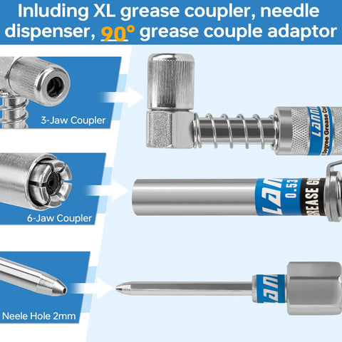 LANNIU grease gun coupler kit with 12000 PSI; includes 90° adapter, needle tip, and 3-jaw and 6-jaw couplers.