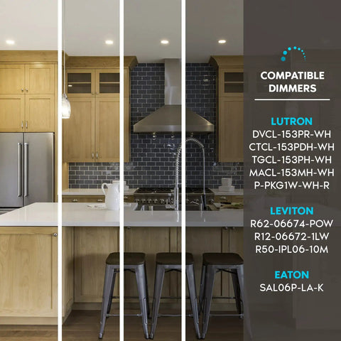 Modern kitchen with recessed LED downlights compatible with dimmers, showcasing Ultra Thin 4 Inch Recessed LED Downlight.