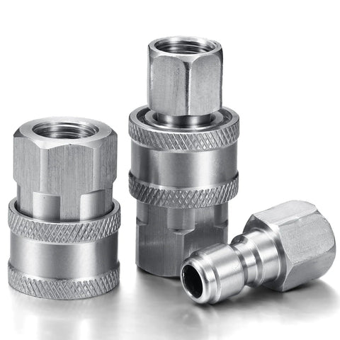Two sets of metal 1/4 in NPT pressure washer quick-connect fittings with male and female plugs, knurled collars.