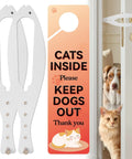 Heavy Duty Adjustable Cat Door Latch Keeps Pups Out While Cats Roam Free 2.5 To 6 Inch White Two Pack shown with a door sign.