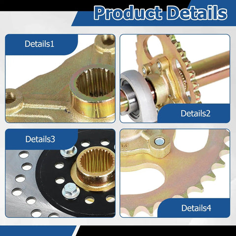 Close-up of 32 Inch Go Kart Axle Kit With Shaft And Hub Chain Brake Master Cylinder And Sprocket Replacement details