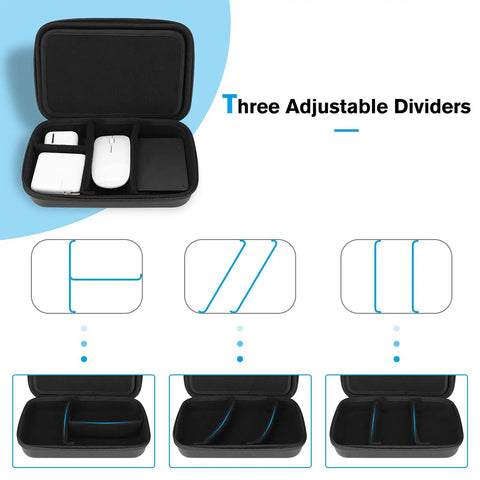 Hard Travel Electronic Organizer Case For MacBook Chargers Cables Power Bank Mouse Apple Pencil USB Drives And SD Cards, open view showing contents and adjustable dividers