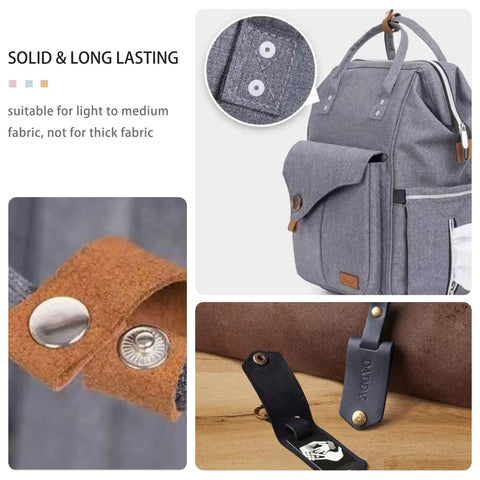 45 Piece Leather Snap Fasteners Kit 15mm Stainless Steel With 4 Install Tools In Silver Bronze Black All In One Kit displayed on bags and leather straps, demonstrating versatility and durability.
