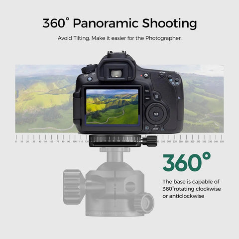 Low Profile Camera Tripod Ball Head Mount With 55mm Ball, 360° Swivel And 90° Tilt, Arca-Swiss Compatible, Ultra Stable For No Shake And Smooth Panoramic Shots, Lightweight And Durable Mount For DSLRs And Mirrorless Cameras showing DSLR for 360° panoramic shooting