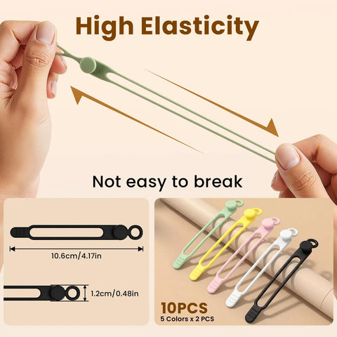 Silicone Cable Ties 10 Pack Reusable Wire Wraps For Office And Home Use, showing colorful elastic ties held by hands.
