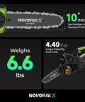 Diagram showing features of 20V Cordless Chainsaw With 10 Inch Bar, 4.0Ah Battery And Charger, auto oiler, tool free chain tension.