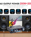 Mini Stereo Amplifier For Home Audio With Bluetooth Five Point Zero Two Channel 200W Peak Power with speakers