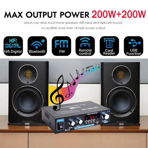 Mini Stereo Amplifier For Home Audio With Bluetooth Five Point Zero Two Channel 200W Peak Power with speakers