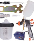 Pro HVLP Spray Gun With 1.2Mm Tip And 250Ml Cup For Auto Painting And Bodywork Touch Ups with accessories and paint cup.