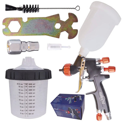 Pro HVLP Spray Gun With 1.2Mm Tip And 250Ml Cup For Auto Painting And Bodywork Touch Ups with accessories and paint cup.